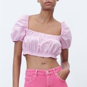 NWT Zara Poplin Crop Top Pink / White | Puff Sleeves | XS | Ref 3042/678
